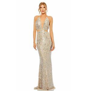 NWT Mac Duggal Cutout Waist Sequin Gown Nude Silver 4 #A0186
